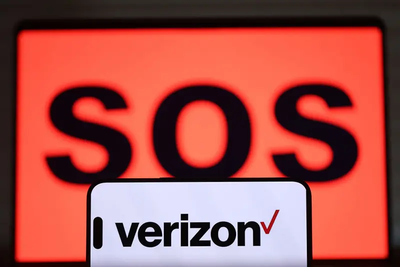 The Verizon logo is displayed on a smartphone screen on September 30, 2024 in San Anselmo California.(Photo Illustration by Justin Sullivan/Getty Images)