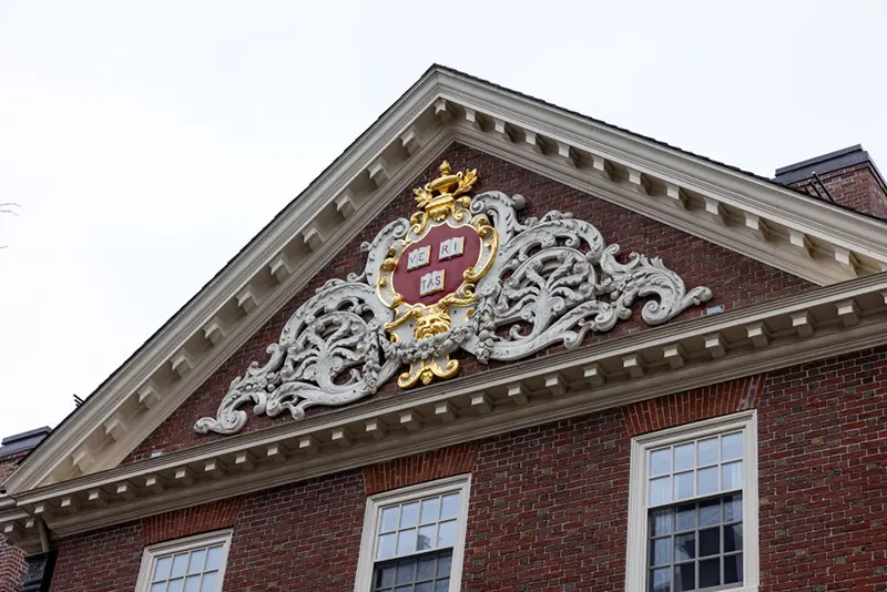 The Veritas shield with wreath and banner on Stone House at Harvard University on March 17, 2025 in Cambridge, Massachusetts. (Photo by Scott Eisen/Getty Images)