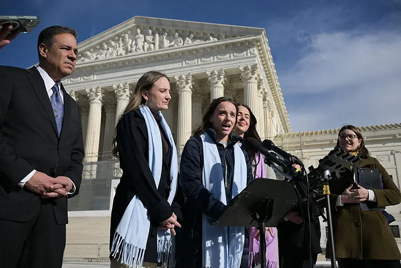 Female athletes party to the case speak outside the US Supreme Court after justices heard arguments in challenges to state bans on transgender athletes in women's sports on January 13, 2026, in Washington, DC. (Photo by Oliver Contreras / AFP via Getty Images)