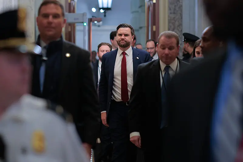 U.S. Vice President JD Vance arrives at the U.S. Capitol before casting a tie-breaking vote to block a Venezuela war powers resolution on January 14, 2026 in Washington, DC. (Photo by Chip Somodevilla/Getty Images)